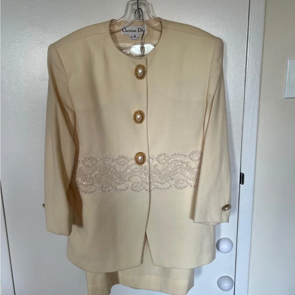 Dior Women's Cream Blazer with Skirt Gold Accents